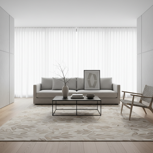 Botanical rug styled in a minimalist living room with neutral furniture
