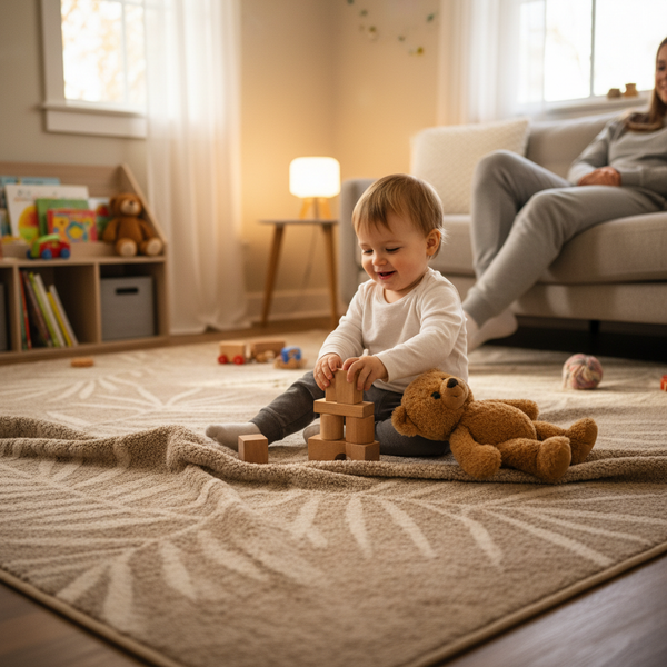 Botanical rug in a pet and kid friendly family room