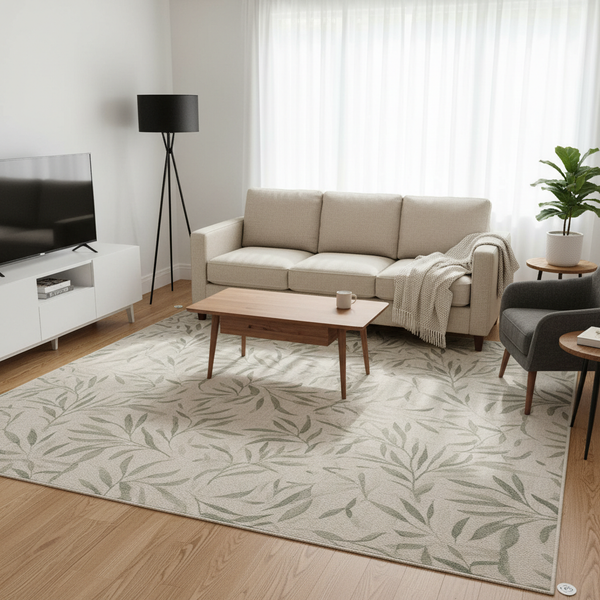 Botanical rug sized under a sofa and coffee table in a living room