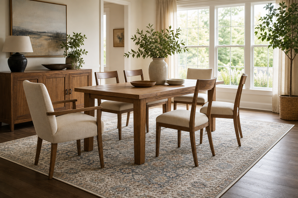 Properly sized washable rug under a dining table and chairs
