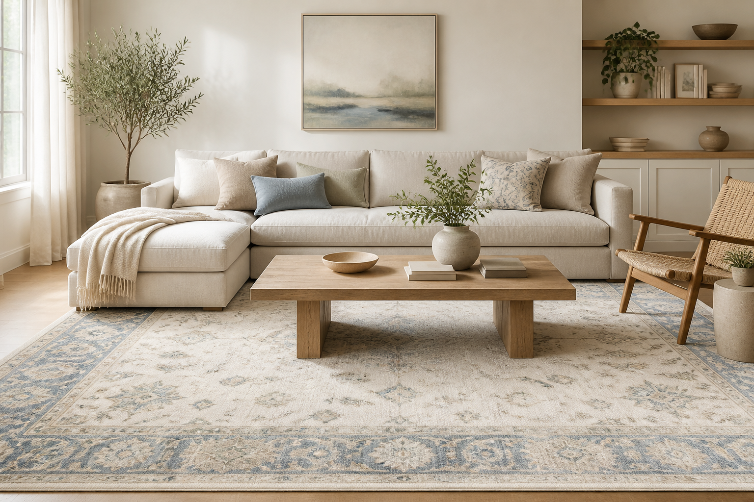Calm living room with soft blue beige and ivory washable rug