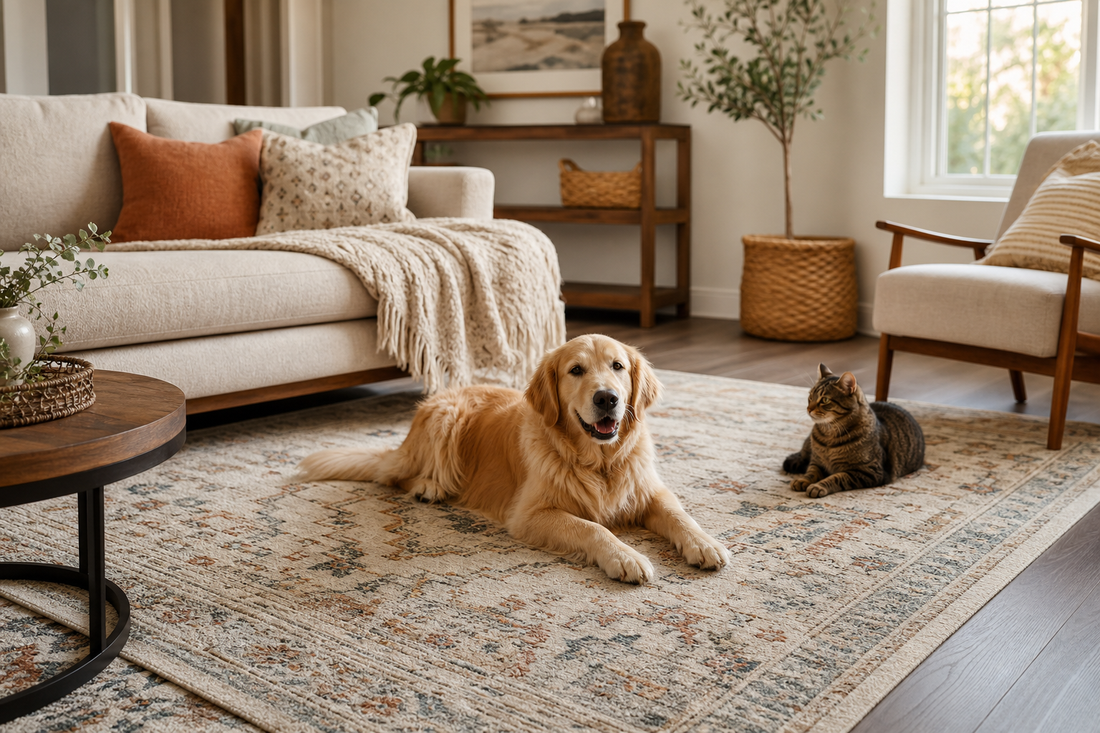 Dog and cat relaxing on a washable low-profile area rug in a warm living room