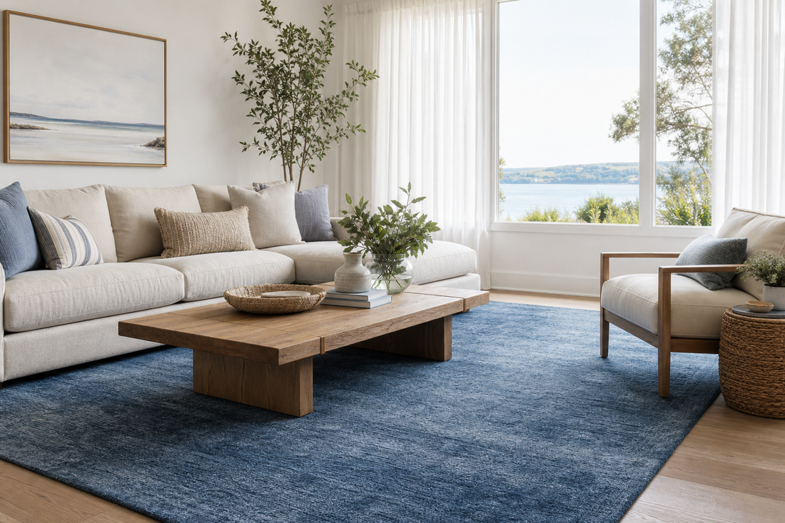 Blue area rug styled in a bright living room with neutral furniture and soft coastal accents