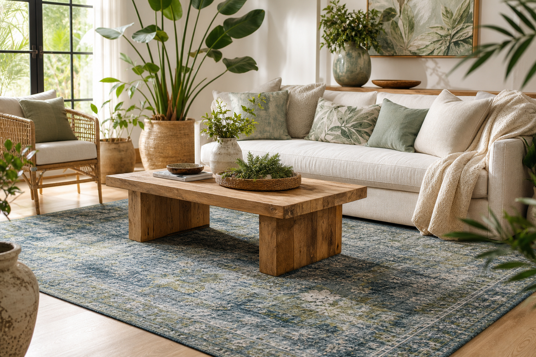 Blue and green rug in a sunlit living room with plants, neutral sofa, and natural wood accents