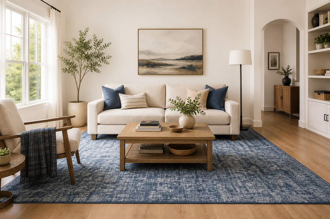 Blue living room rug sized under a sofa and coffee table in a calm real home