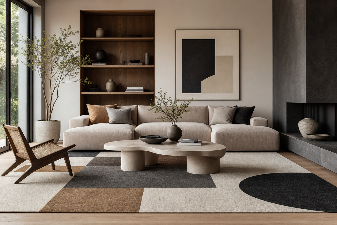 Geometric area rug anchoring a modern living room with clean furniture and balanced visual lines