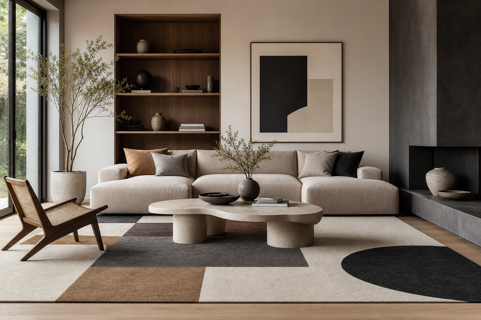 Geometric area rug anchoring a modern living room with clean furniture and balanced visual lines