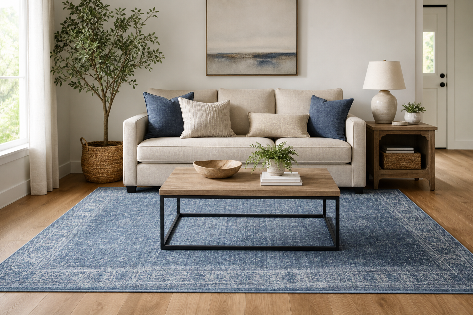 Living room rug placed under sofa front legs to show correct rug size and furniture layout