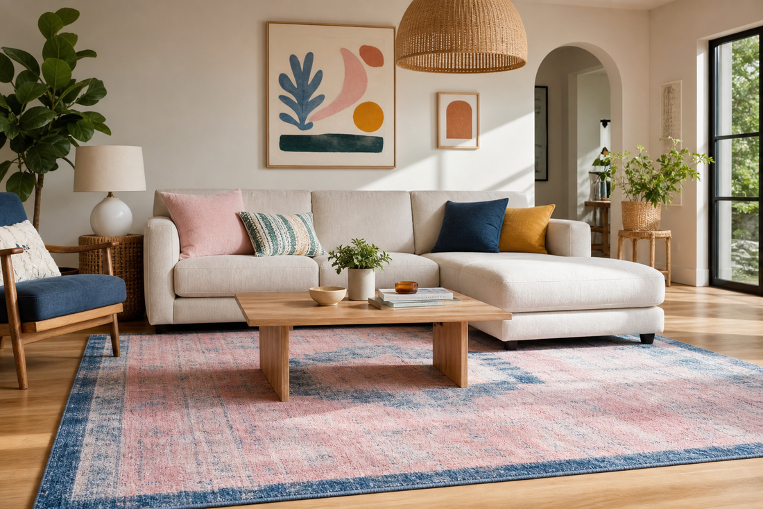 Pink and blue rug in a modern living room with cream sofa, playful art, and warm natural light