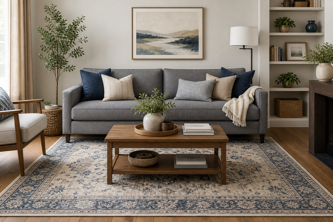 Gray couch styled with a blue and cream patterned rug in a balanced living room