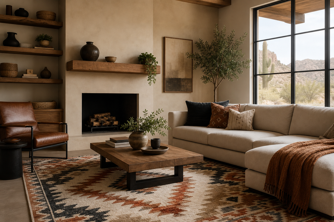 Southwestern patterned rug styled with modern furniture, warm neutrals, leather accents, and clean white walls