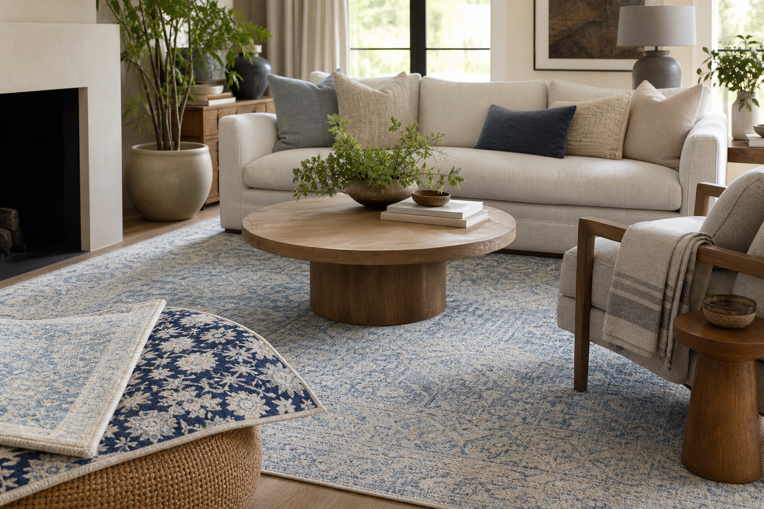 Living room with subtle blue rug and folded patterned rug showing pattern intensity choice