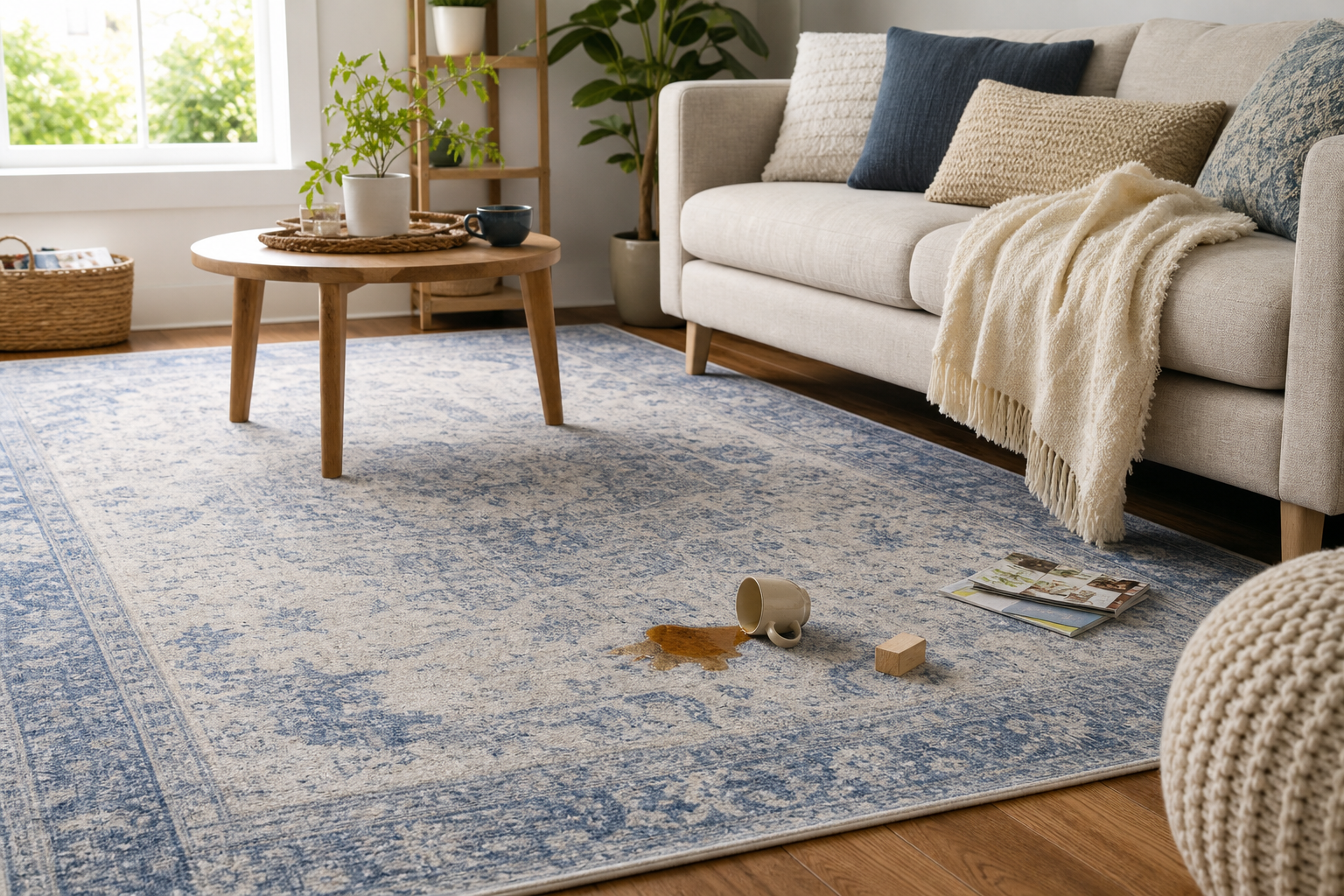 Washable blue living room rug with everyday spill in a family-friendly room