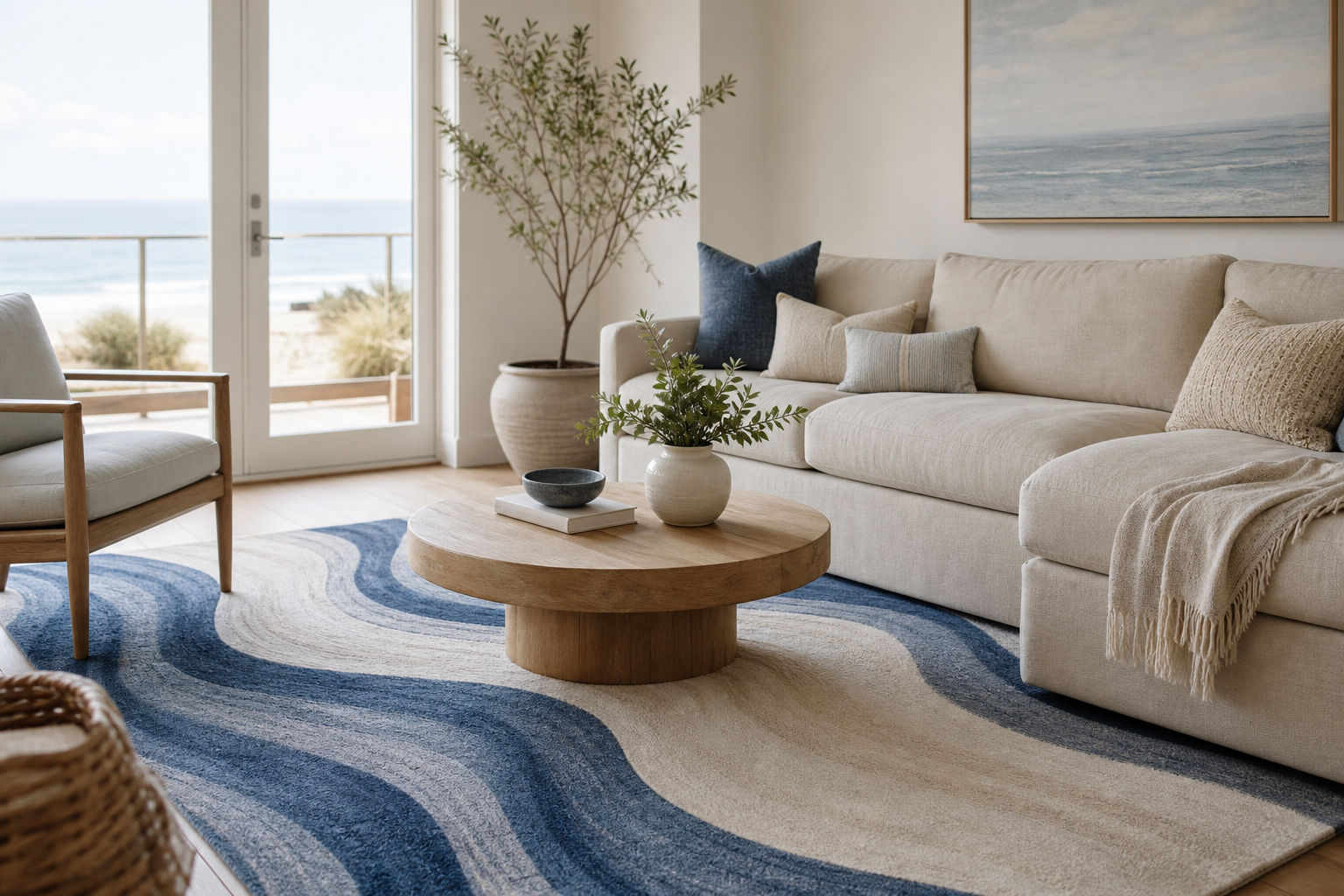 Blue and ivory wave pattern rug styled in a calm living room without looking too busy