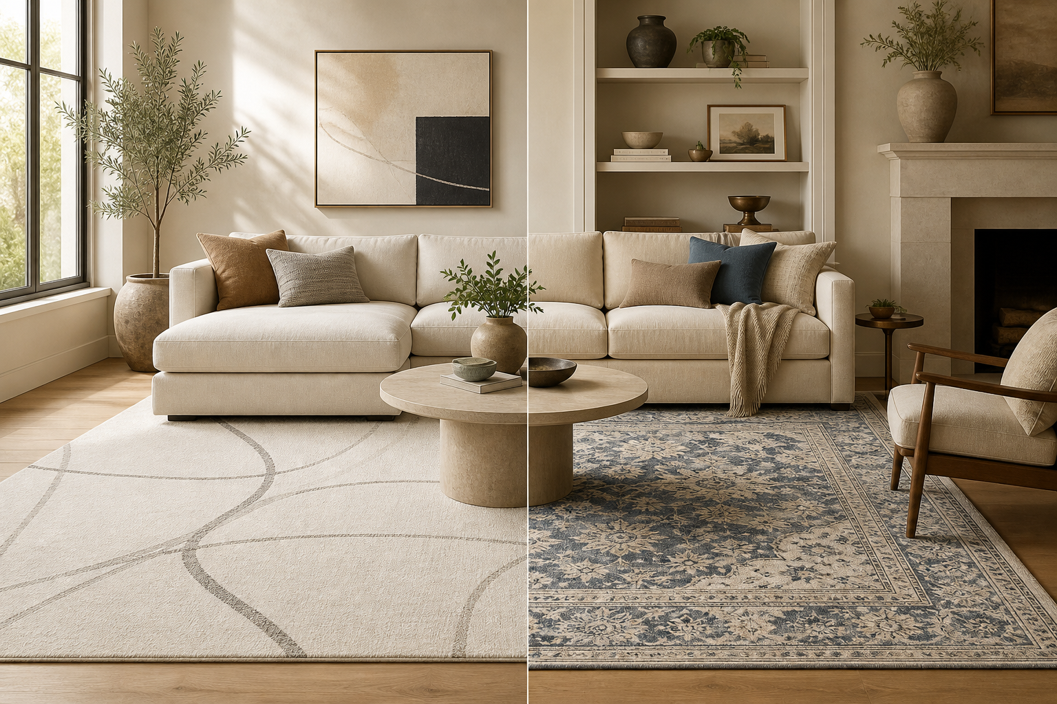 Contemporary and traditional low-profile rugs styled in a refined living room