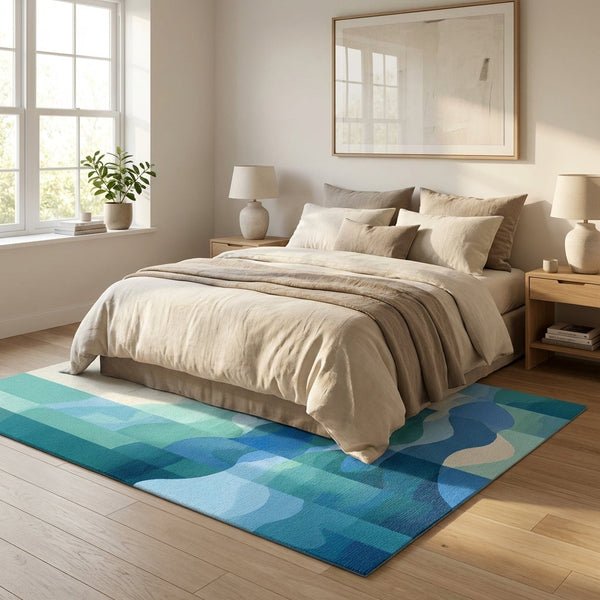 Blue abstract wave rug styled in a calm bedroom