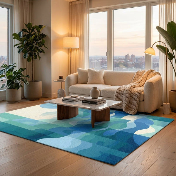 Blue abstract wave rug styled in a modern living room