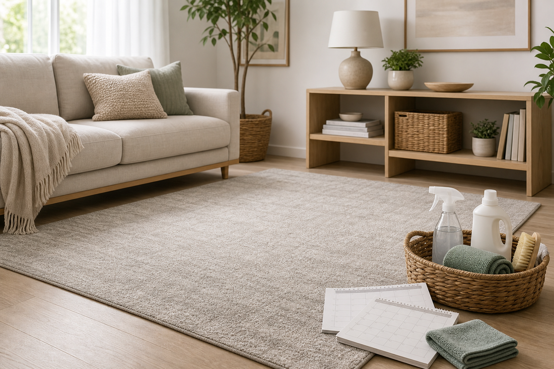 Washable rug with home care basket and calendar in a calm living room