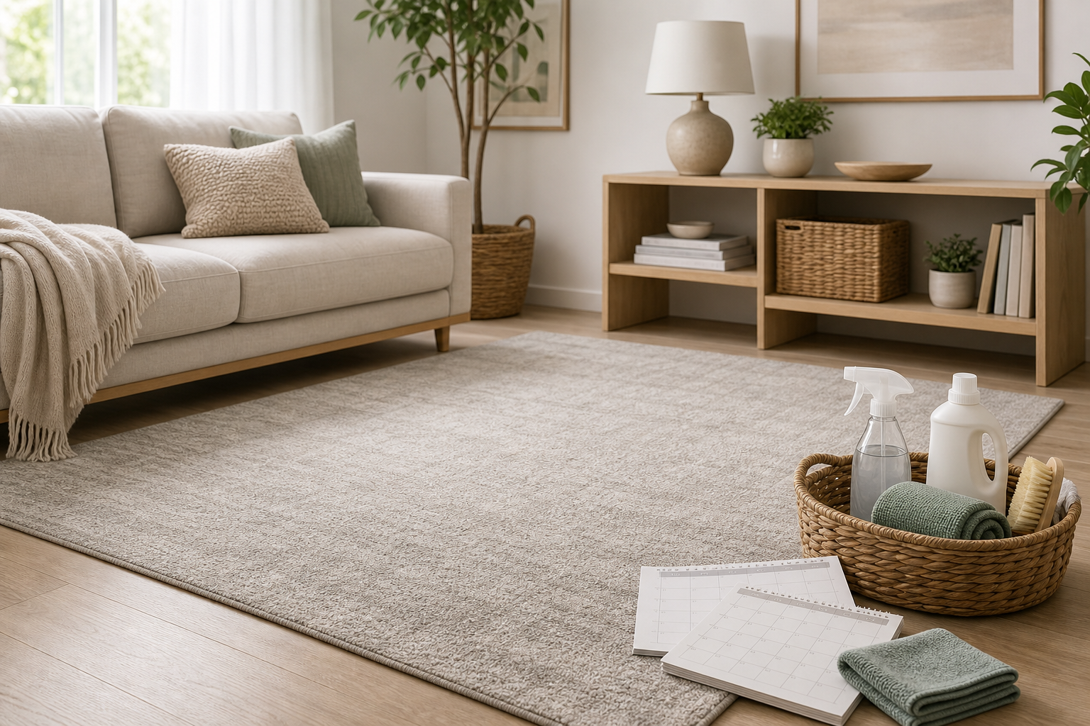 Washable rug with home care basket and calendar in a calm living room
