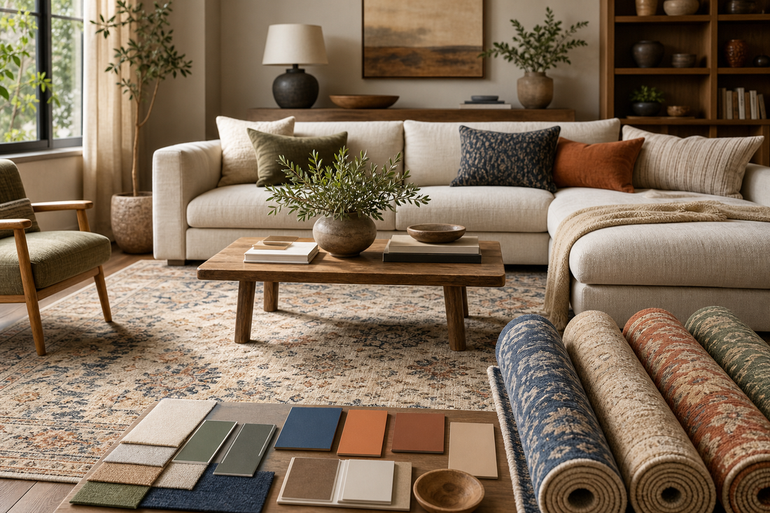 Living room with rug color samples and patterned rugs in warm elevated home styling