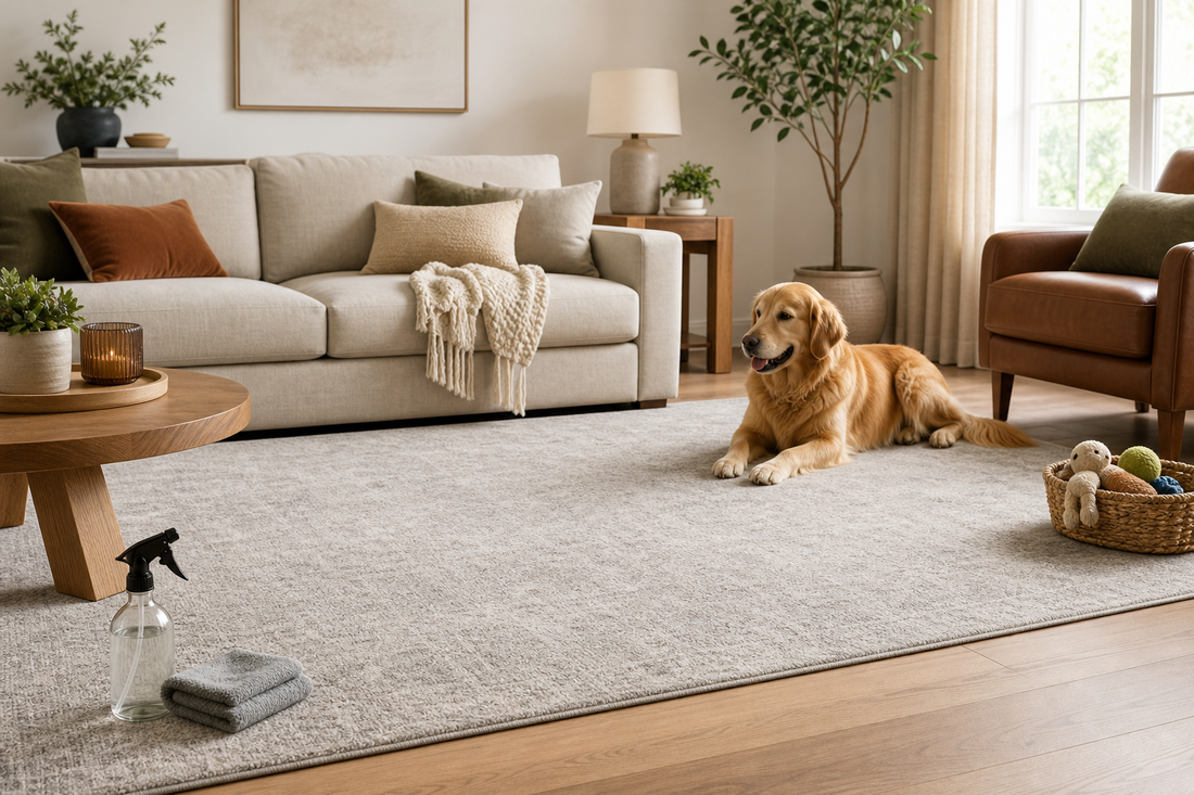 Pet-friendly washable rug in a warm living room with cleaning cloth nearby