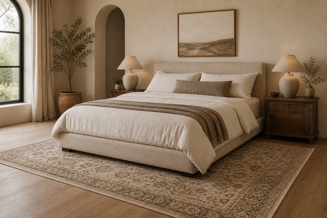 Bedroom rug placed under the lower portion of a bed with visible border
