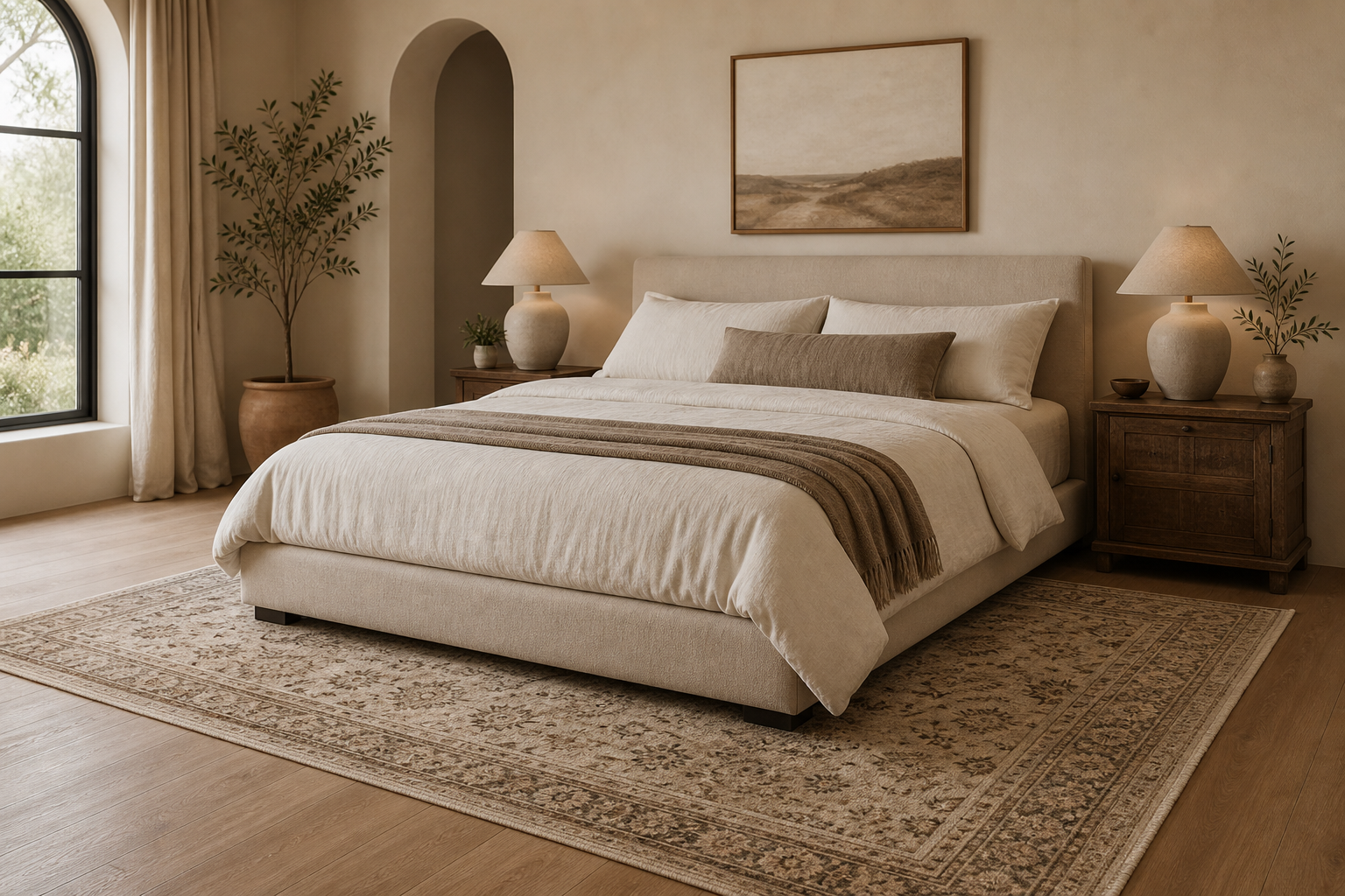 Bedroom rug placed under the lower portion of a bed with visible border