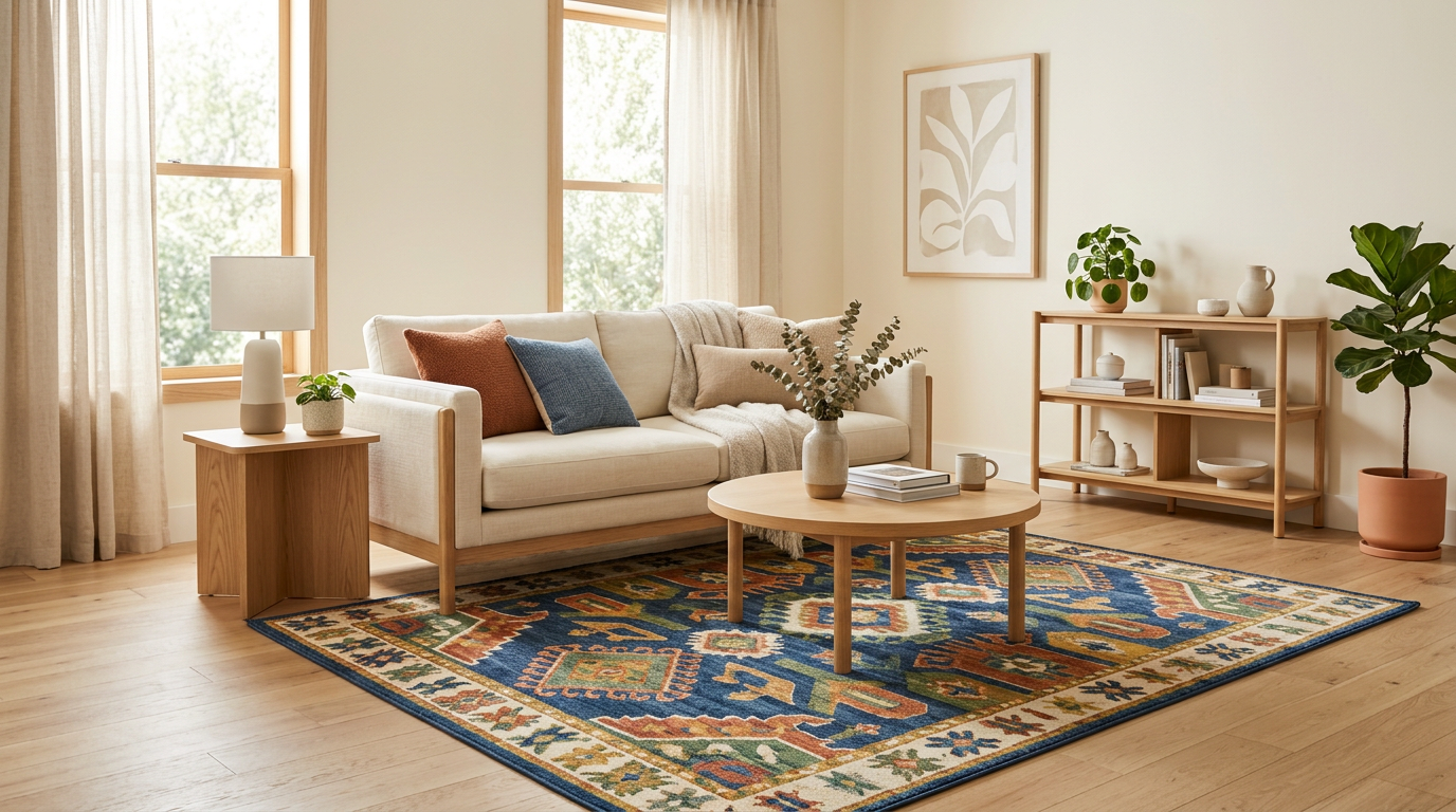 Bold colorful low-profile rug styled in a neutral living room