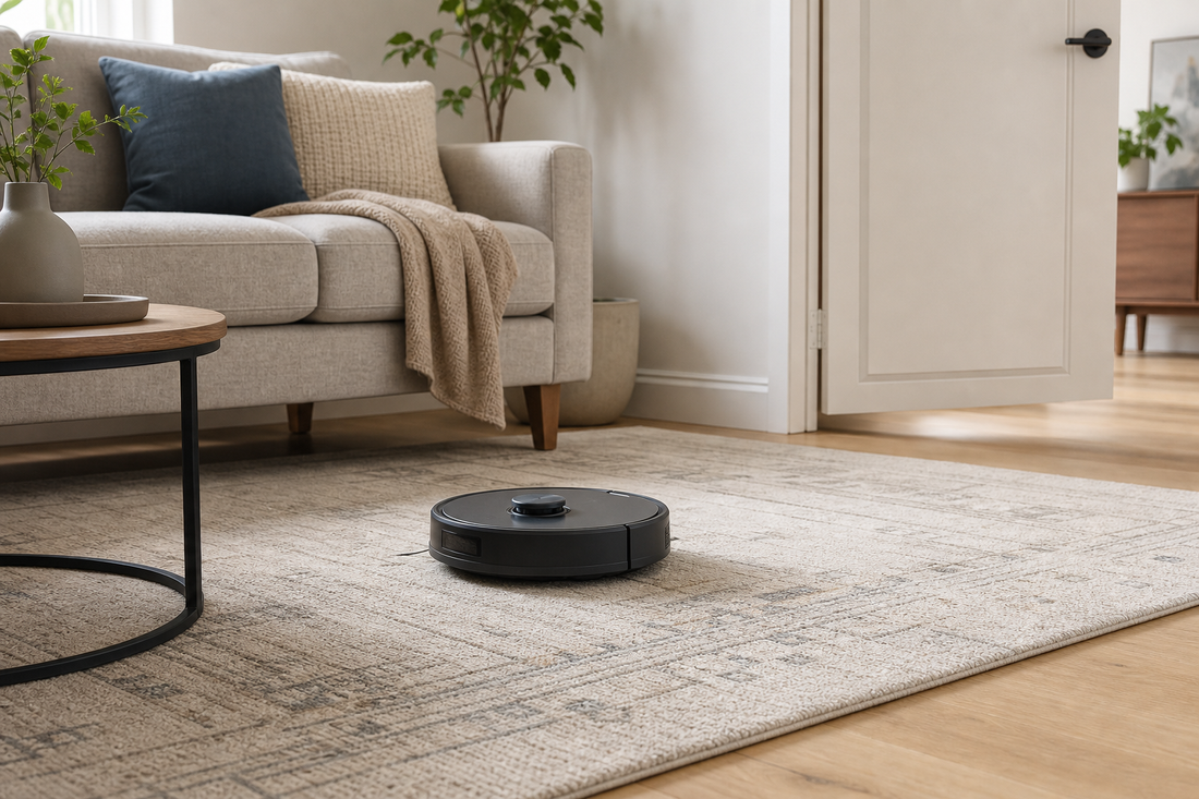 Robot vacuum moving over a low-profile washable rug near an open door
