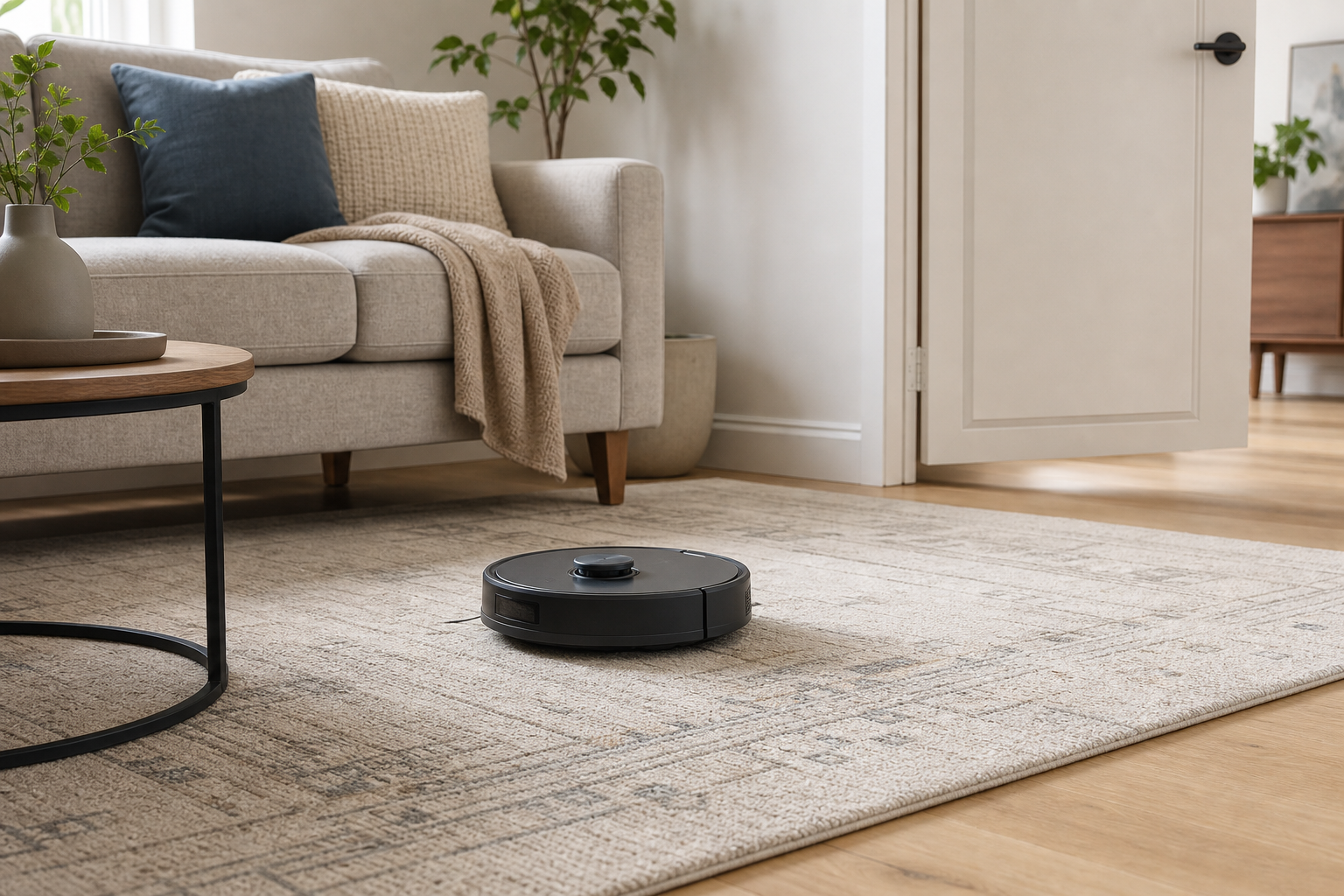 Robot vacuum moving over a low-profile washable rug near an open door