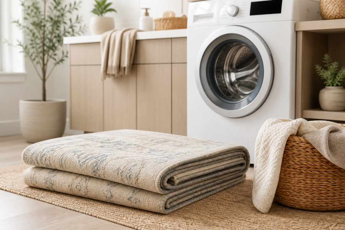 Folded washable low-profile rug beside a modern washing machine
