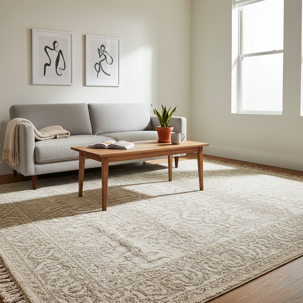 Colorful washable area rug styled in a bright real-home living room