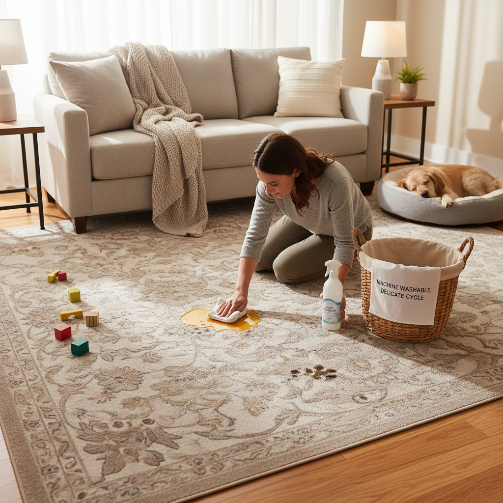 Cleaning a washable floral rug in a pet and kid friendly living room
