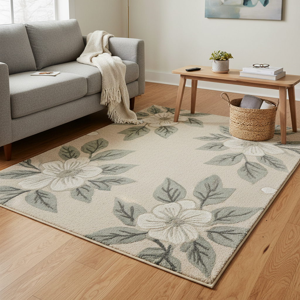 Washable floral rug in a family living room with everyday home decor