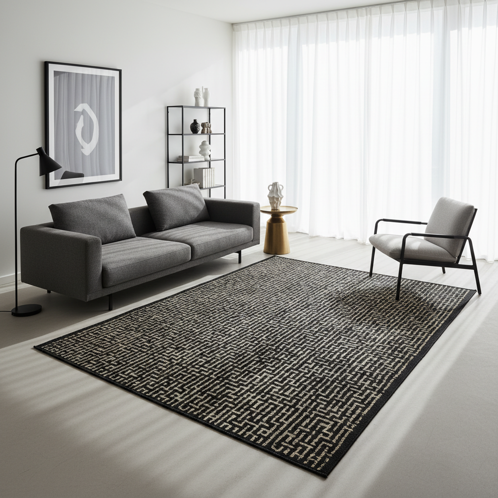 Black and gold rug styled in a modern minimalist living room with warm neutral furniture