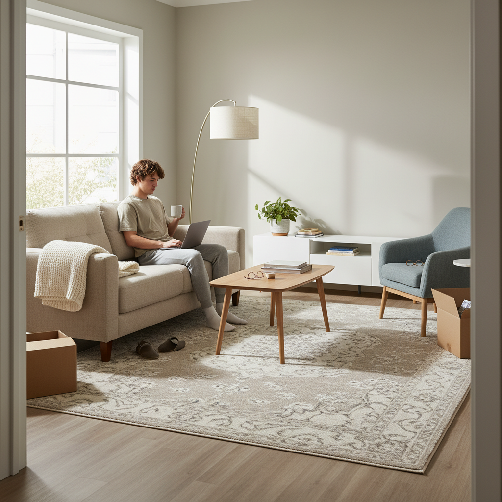 Non-slip floral rug grounding a first apartment living room