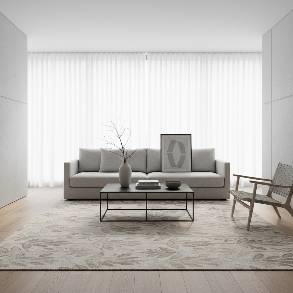 Botanical rug styled in a minimalist living room with neutral furniture