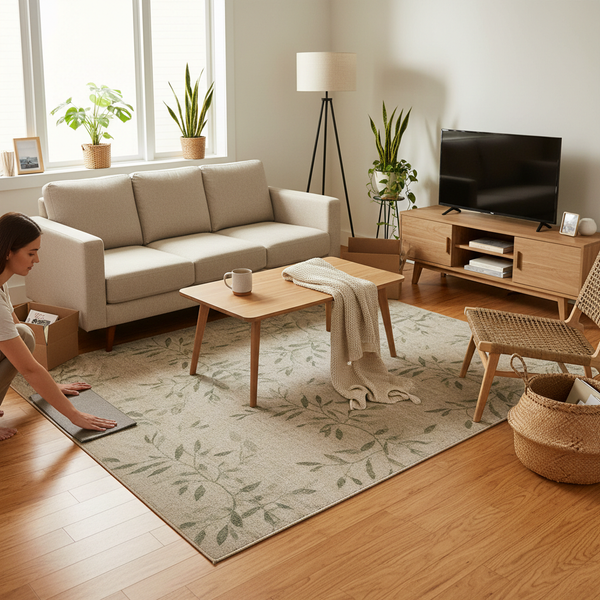 Soft botanical rug grounding a first home living room