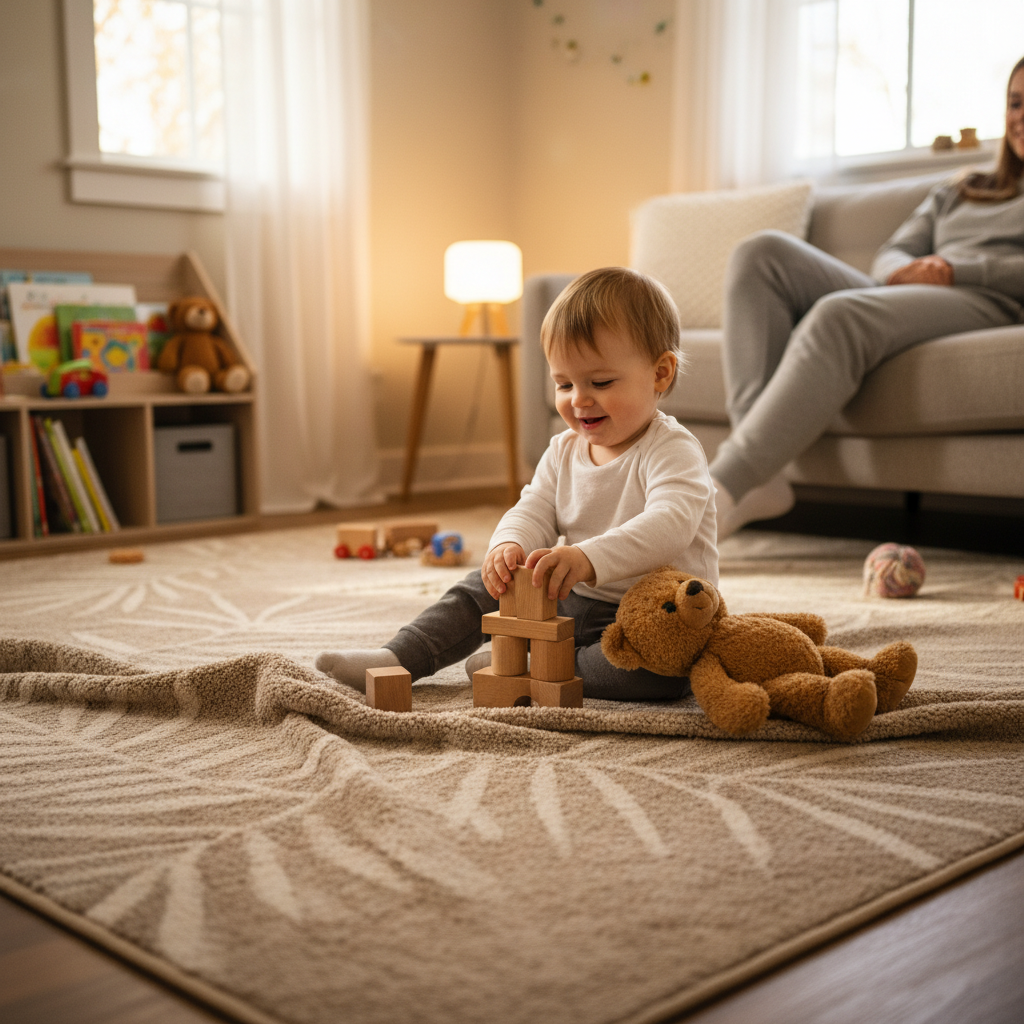 Botanical rug in a pet and kid friendly family room