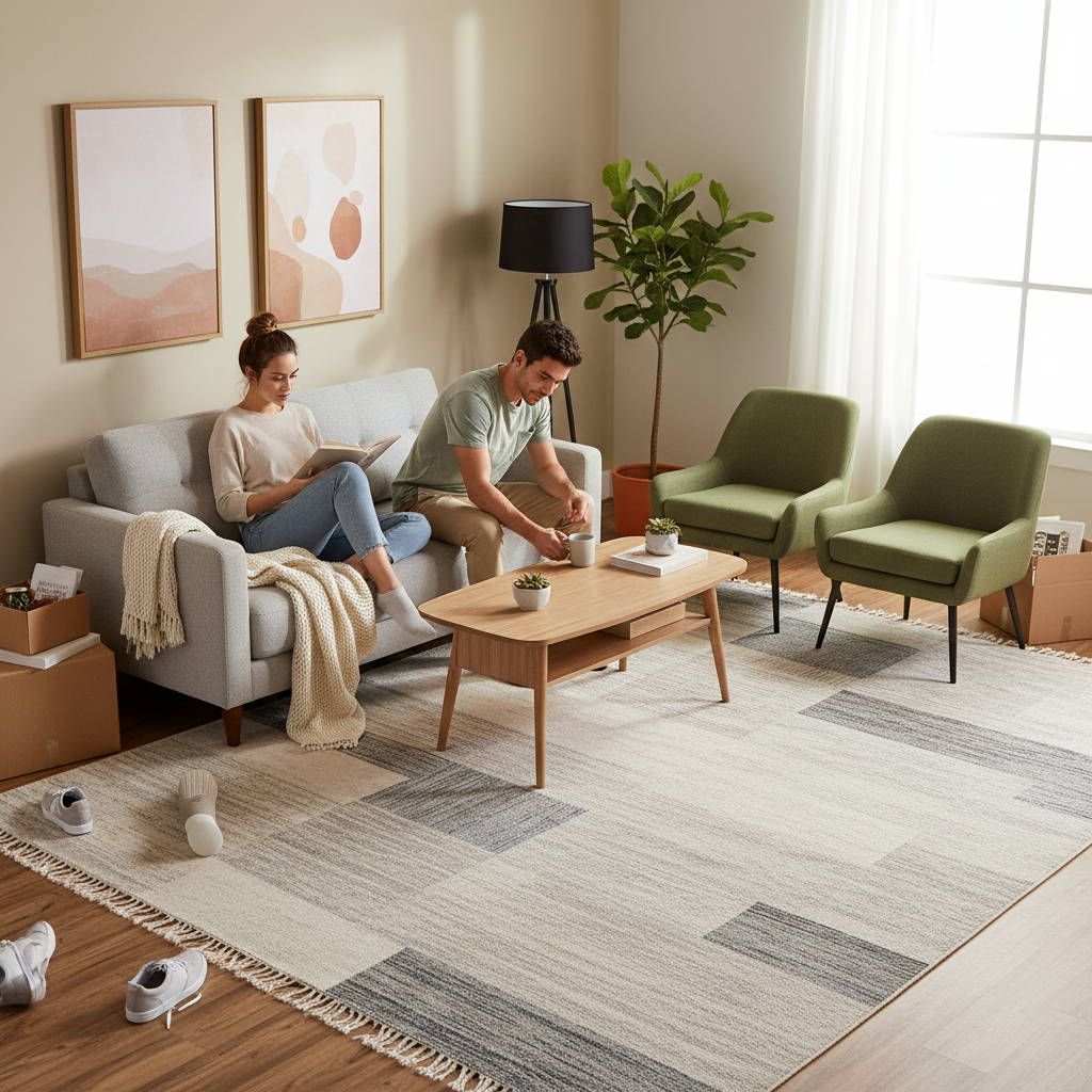 How to Choose a Modern Geometric Living Room Rug Size, Soft Plush & Non Slip for Your First Home