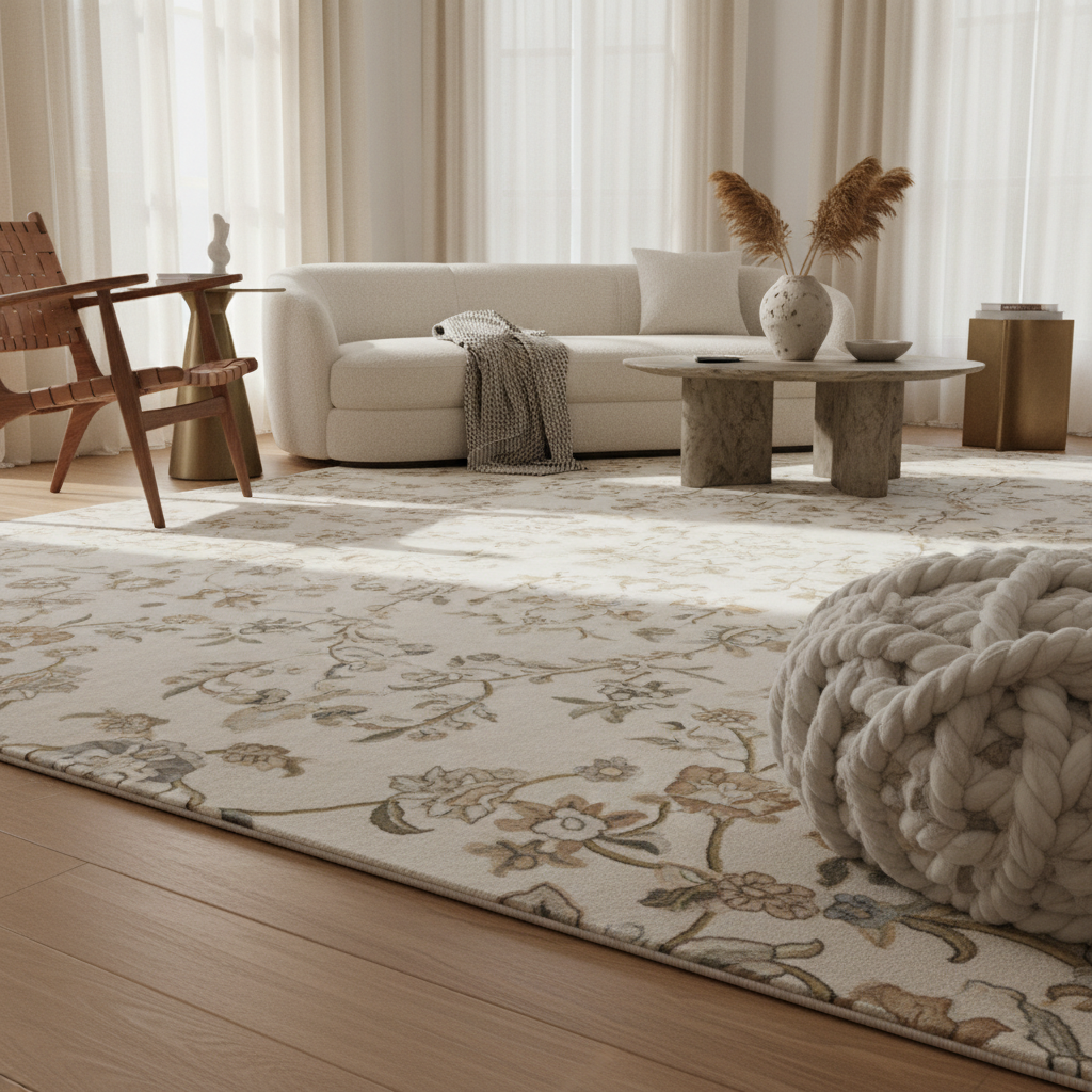 Washable floral rug styled under a sofa in a warm living room
