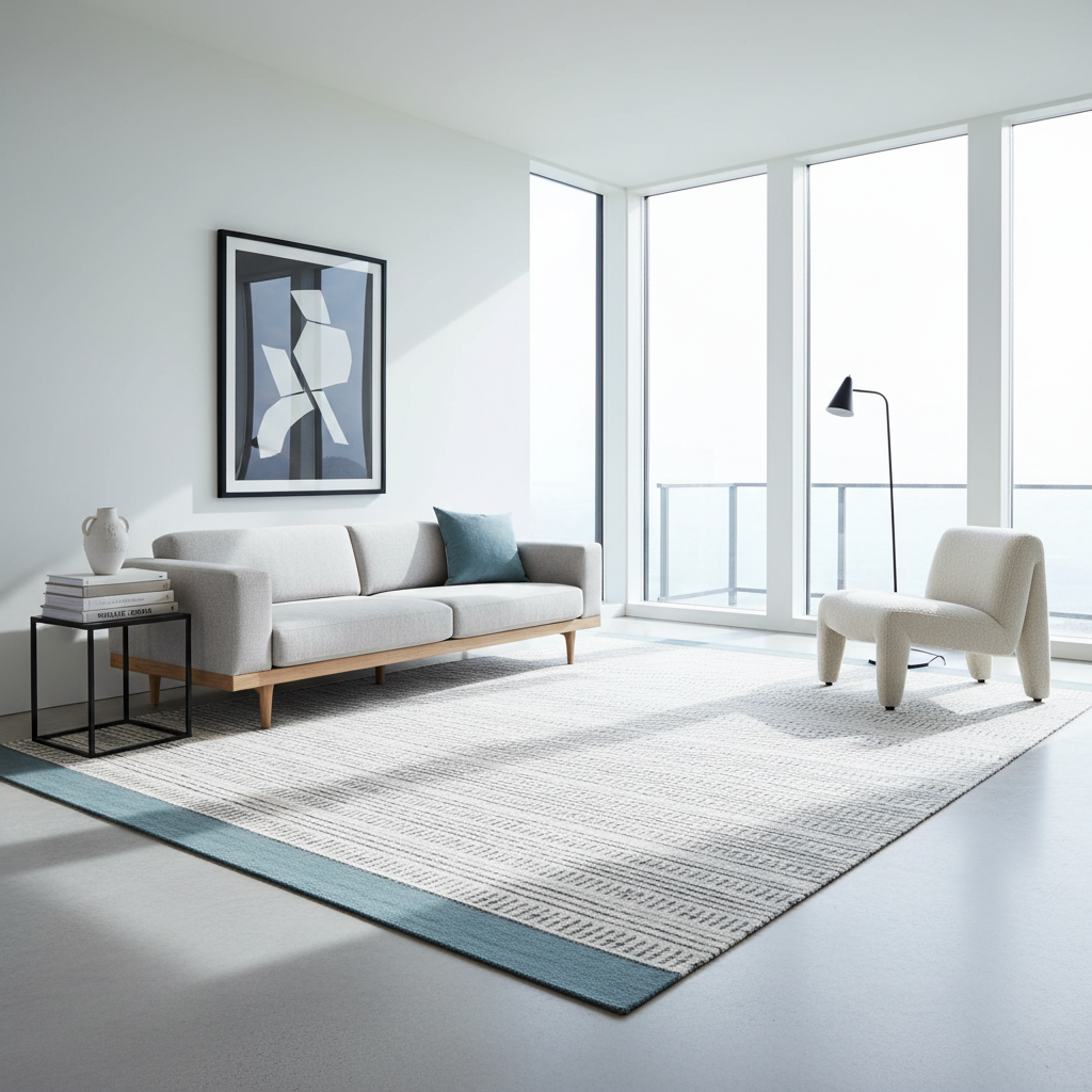 Colorful statement rug styled with pale wood and minimalist Scandinavian living room decor