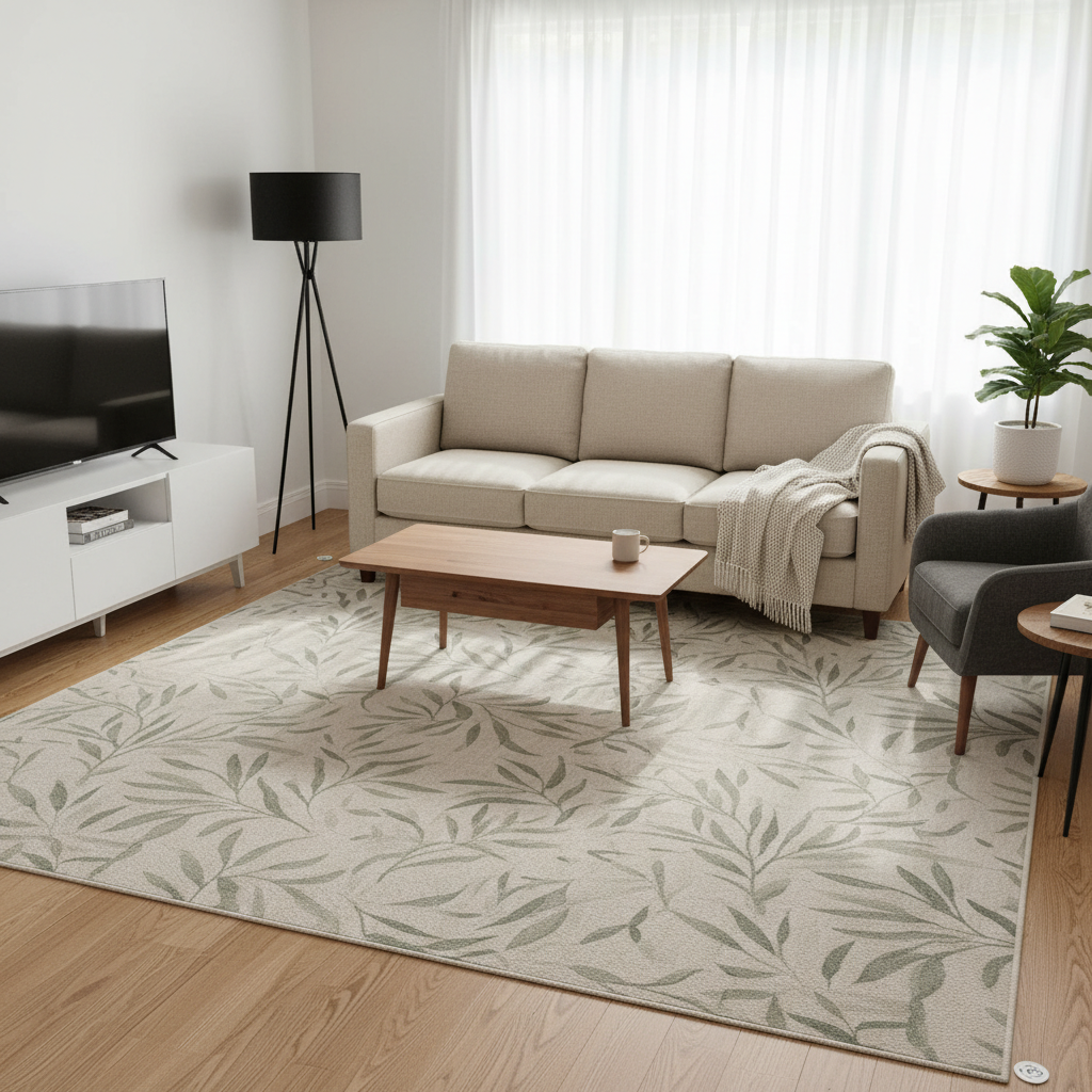 Botanical rug sized under a sofa and coffee table in a living room
