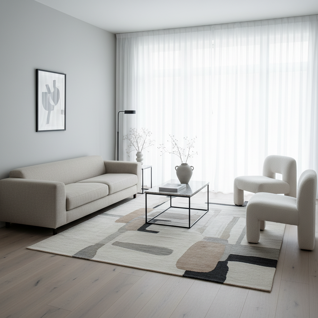 Custom Abstract Art Rug in Neutral Colors for a Minimalist Scandinavian Living Room (Buyer Guide)