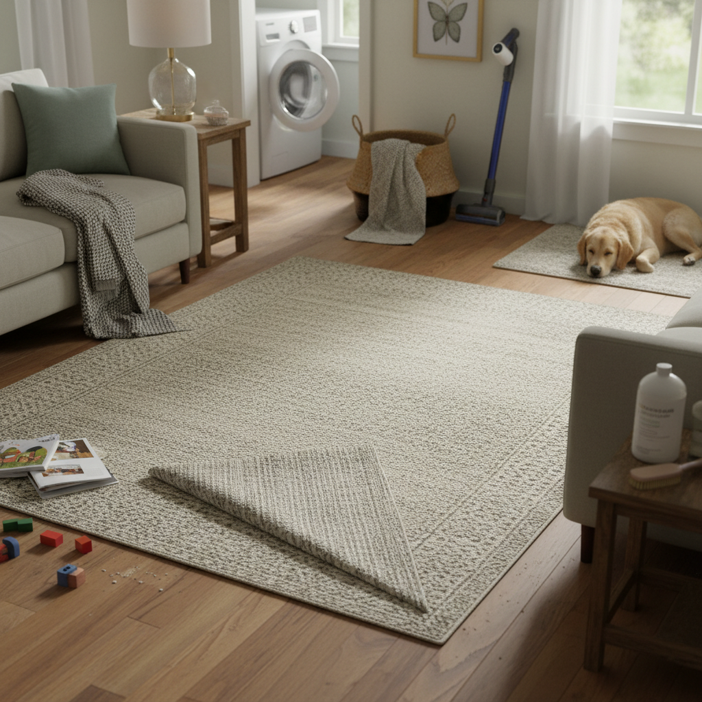 How to Clean a Machine Washable Farmhouse Area Rug With Kids and Pets (Step-by-Step)