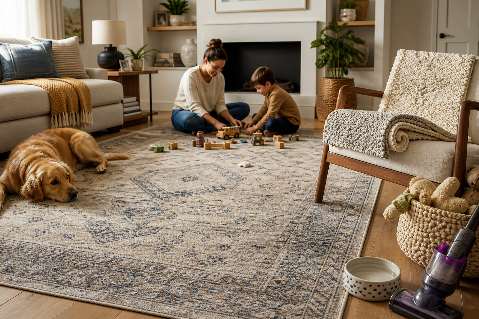 Family and dog using a busy living room with a low-pile washable area rug