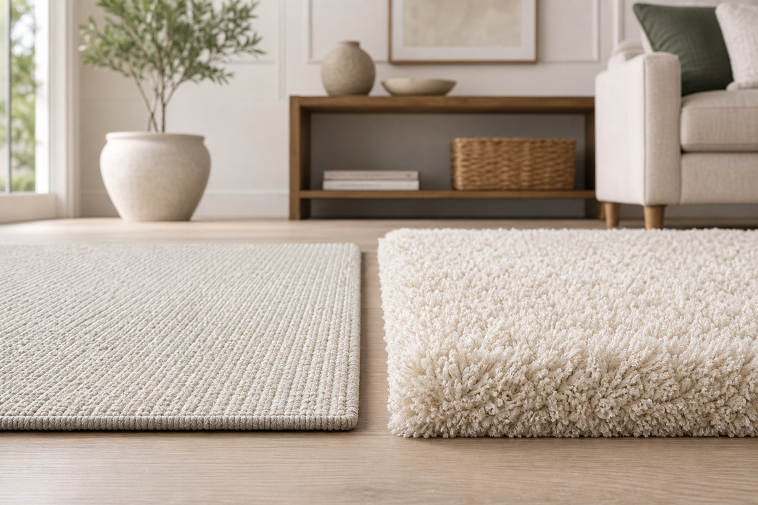 Low-pile rug sample compared with a high-pile plush rug sample