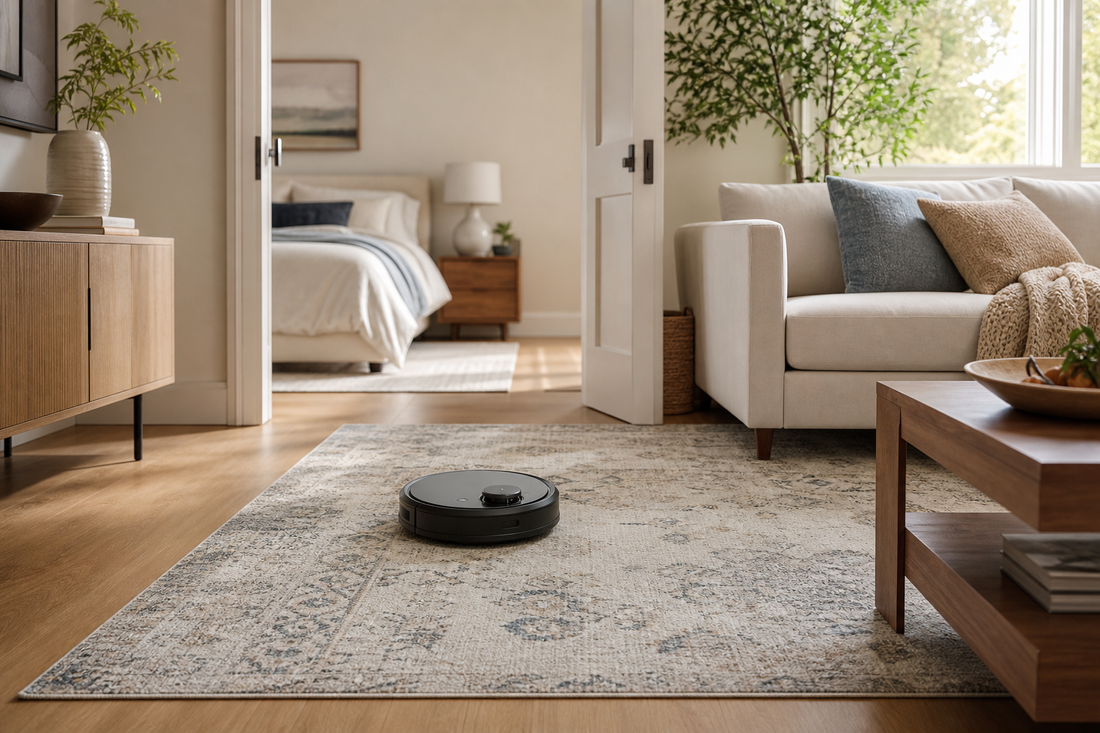 Robot vacuum moving across a low-profile patterned rug in a warm modern living room