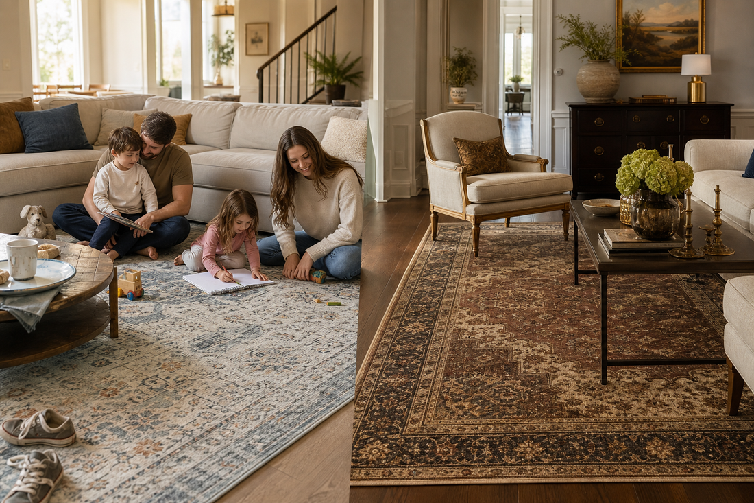 Family-friendly washable rug scene beside a formal traditional rug living room comparison