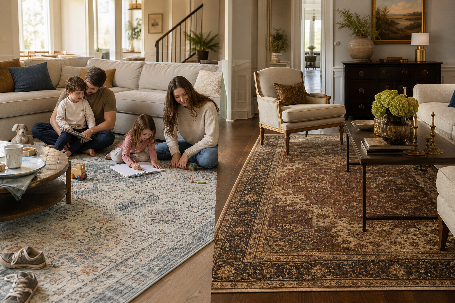 Family-friendly washable rug scene beside a formal traditional rug living room comparison